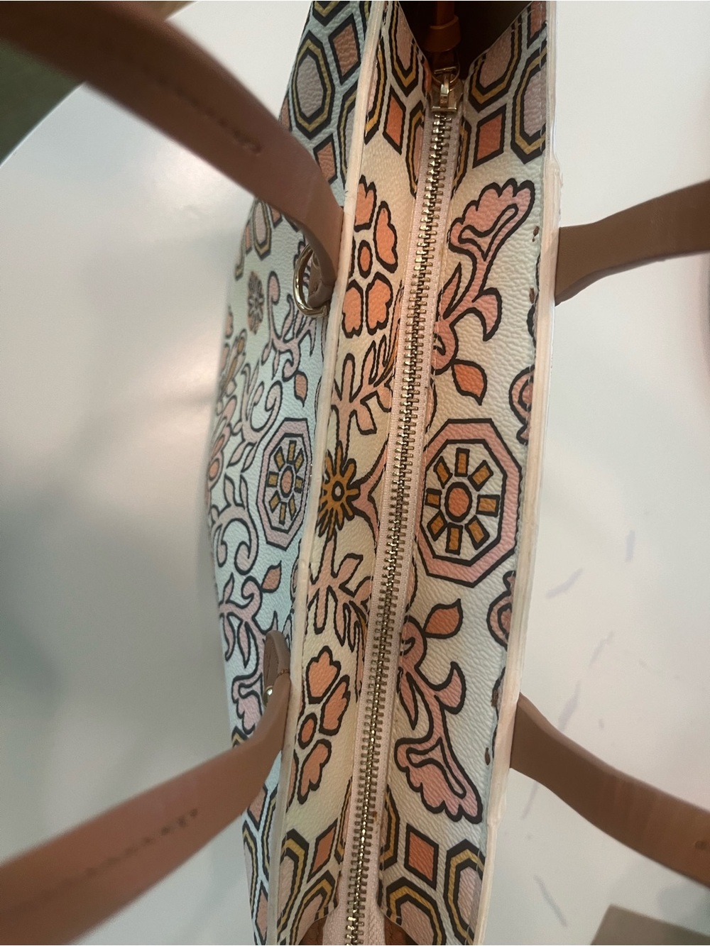Tory Burch Cream Canvas Floral-Print Tote with Tan Leather Handles - Picture 8 of 15